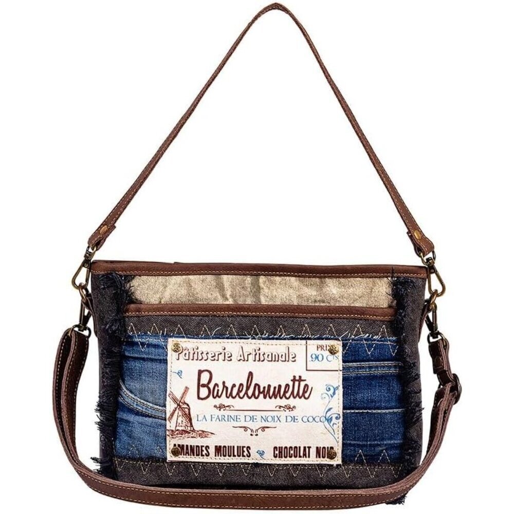 Women’s Upcycled Denim Canvas Leather Crossbody Bag Zipper Shoulder Purse